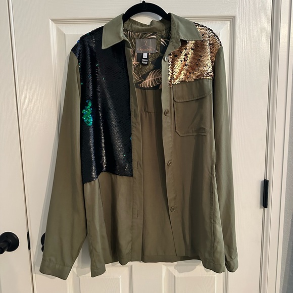 Anthropologie Olive Green Sequin Patch Army Button Down Shirt - Picture 2 of 10